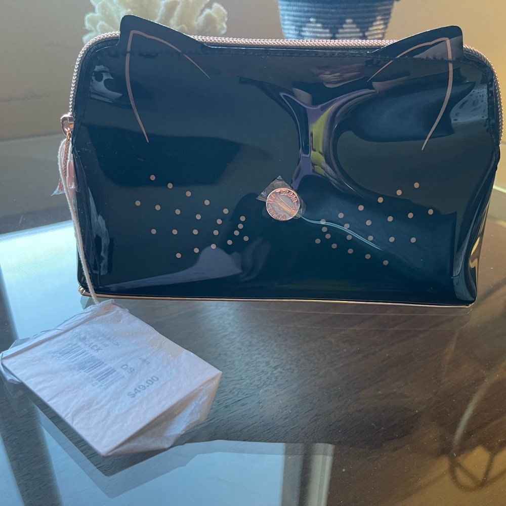 NWT Ted Baker Black Rose Gold Cat Cosmetic Bag